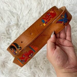 Vintage Leather Hand Tooled Multicolor Aztec Belt